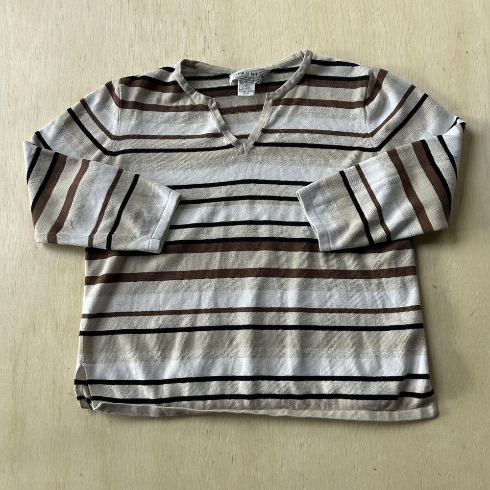 Vintage Jones Wear Sport Shirt Womens Med Striped V Neck 3/4 Sleeve Cotton Tee